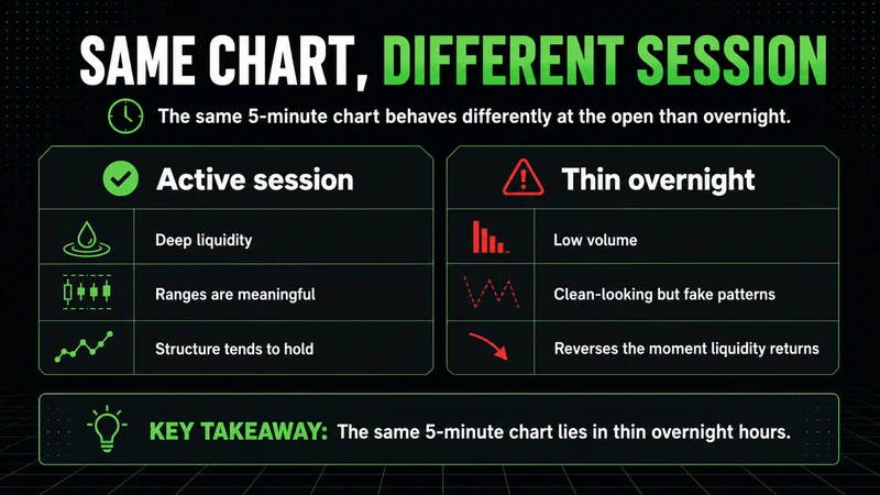 Neon panels contrasting how a 5-minute chart behaves in an active session versus thin overnight hours