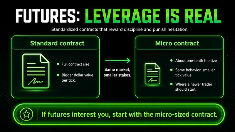 Two-card comparison titled "Futures: Leverage Is Real" — a standard contract has full size and a bigger dollar value per tick, while a micro contract is about one-tenth the size with the same behavior and smaller tick value; if futures interest you, start with the micro-sized contract.