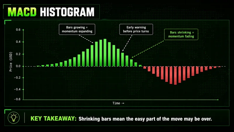 Diagram of a MACD histogram showing bars growing taller as momentum expands, then shrinking toward the zero line as momentum fades, with a labeled callout marking where shrinking bars warn that a move is losing strength before price turns