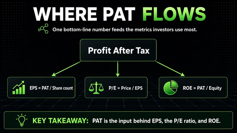 Neon hub diagram showing profit after tax feeding EPS, the P/E ratio and ROE