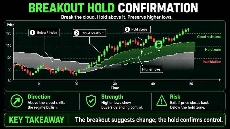 Annotated Ichimoku chart showing breakout, pullback, hold, and bullish continuation