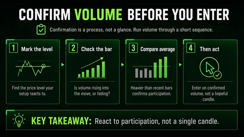 Four-step checklist to confirm volume before entering: mark the level, check the bar, compare average, then act.