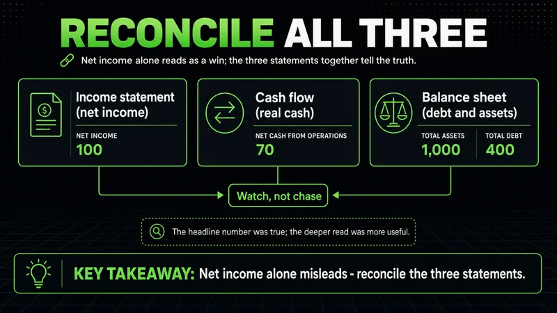 Neon diagram reconciling income, cash flow and balance sheet to watch rather than chase