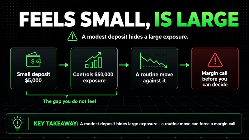 Neon flow showing a small deposit controlling large exposure into a margin call