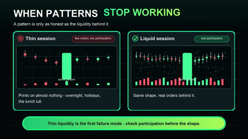Two charts titled "When Patterns Stop Working" showing the same pattern — one printed on few orders in a thin low-participation session, the other amid real participation in a liquid session; thin liquidity is the first failure mode, so check participation before the shape.