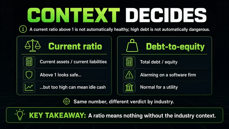 Neon panels showing how the current ratio and debt-to-equity are judged by industry context