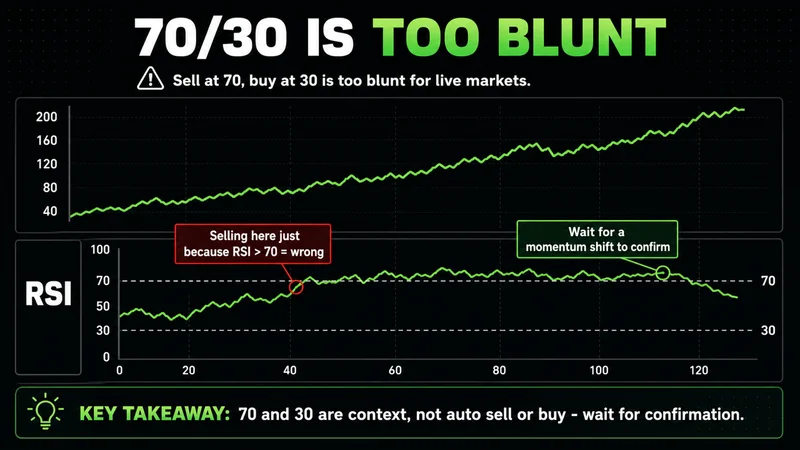 Neon chart showing RSI holding above 70 in an uptrend, why the 70/30 signal is too blunt