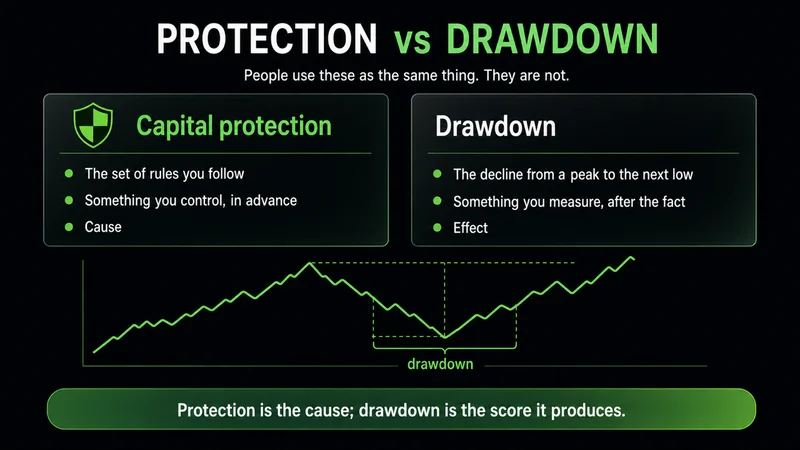 Two-card comparison titled "Protection vs Drawdown" — capital protection is the set of rules you control in advance (the cause), while drawdown is the decline from a peak to the next low that you measure after the fact (the effect), shown over a generic equity curve.