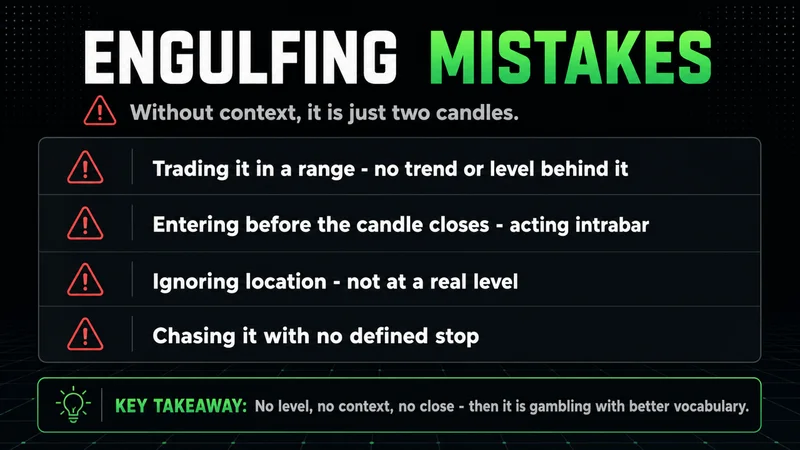 Neon checklist of engulfing pattern mistakes such as trading in a range or entering before the close