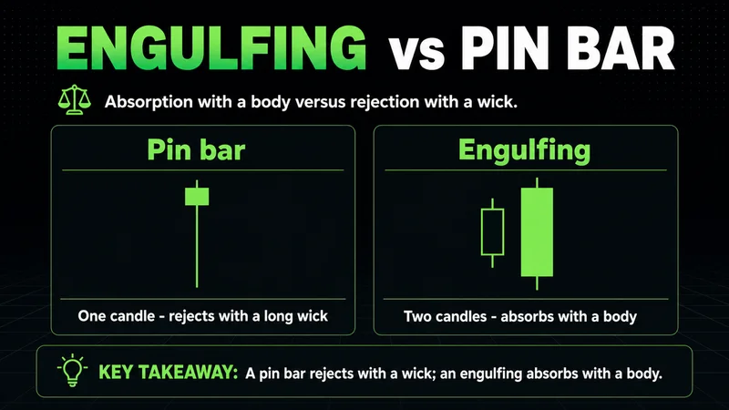 Neon panels contrasting a pin bar's wick rejection with an engulfing pattern's body absorption