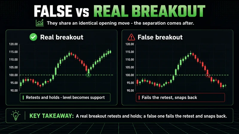 Neon charts contrasting a real breakout that holds with a false breakout that snaps back