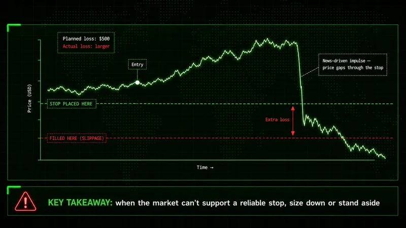 Annotated price chart showing a news-driven impulse gapping through a placed stop, with slippage exceeding the planned loss