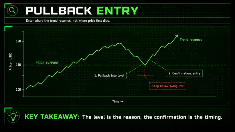 Annotated chart of a pullback entry: price dips to prior support, then resumes higher with the entry and stop below the swing low marked