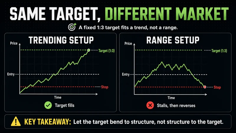 Paired panels comparing a trending setup where a 1:3 target fills against a range setup where price stalls and reverses before reaching the same target