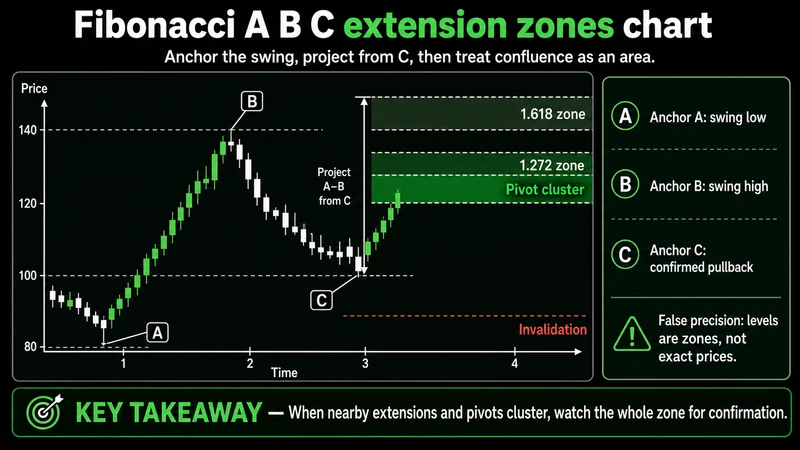 Annotated Fibonacci A-B-C swing projecting resistance zones above the breakout high