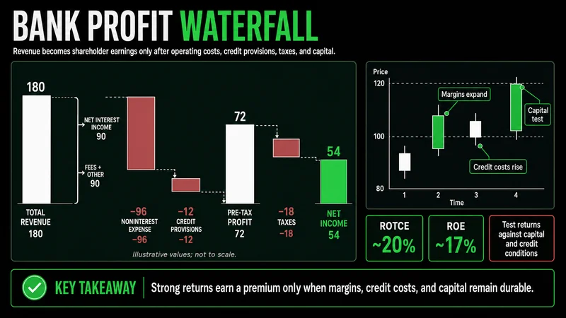 JPMorgan profit waterfall from revenue through expenses, provisions, taxes, and net income
