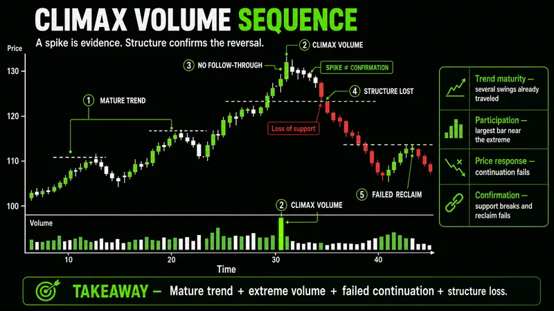 Annotated climax volume sequence from mature trend to confirmed reversal