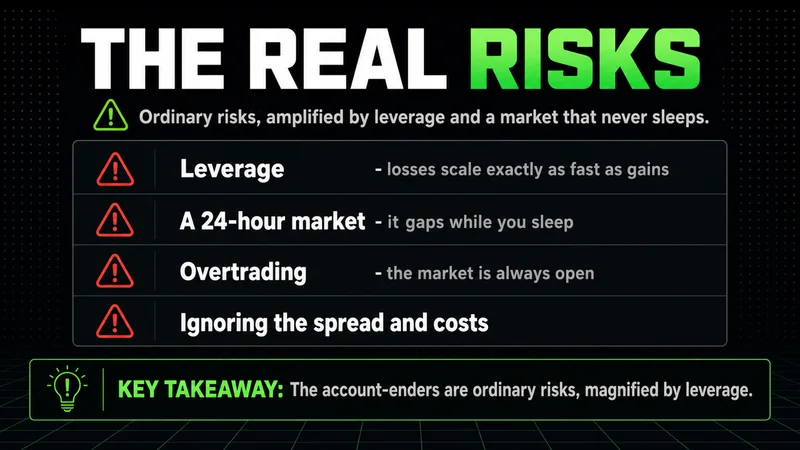 Neon checklist of forex risks: leverage, 24-hour market, overtrading, spreads