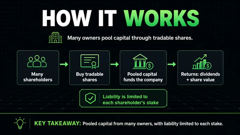Neon flow showing shareholders pooling capital through tradable shares with limited liability