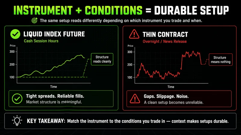 Infographic comparing a liquid index future chart that reads cleanly with a noisy thin-contract chart.
