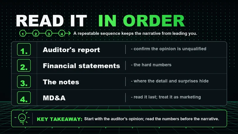 Neon four-step order for reading an annual report: auditor, statements, notes, MD&A