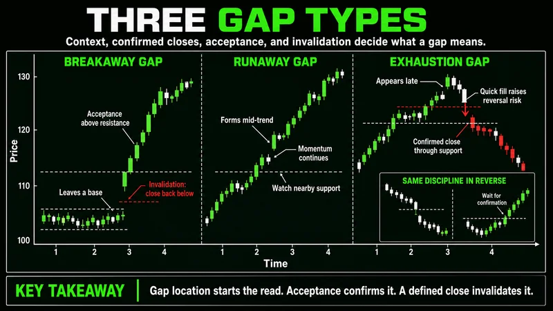 Three annotated charts showing breakaway, continuation, and exhaustion gaps