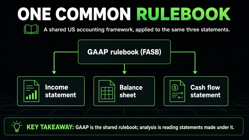 Neon hub showing the GAAP rulebook feeding the income statement, balance sheet and cash flow statement