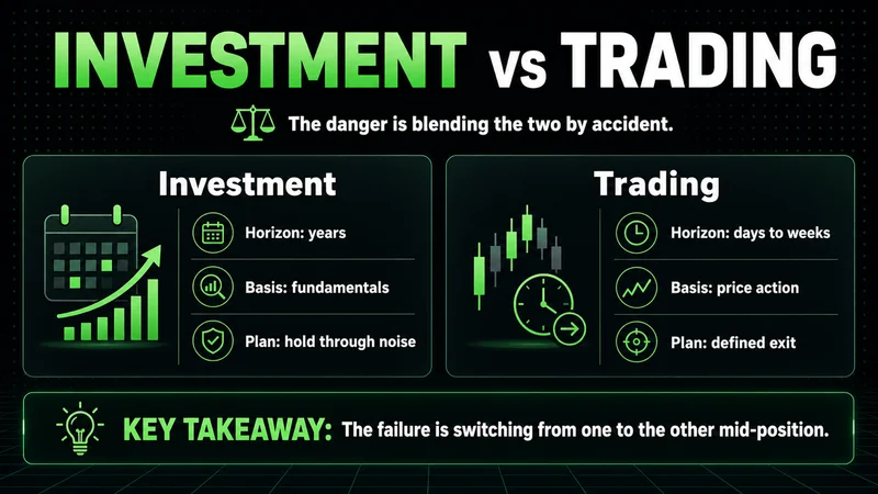 Neon panels contrasting investment and trading by horizon, basis and plan
