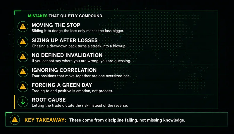 Checklist of risk management mistakes: moving the stop, sizing up after losses, no invalidation, ignoring correlation