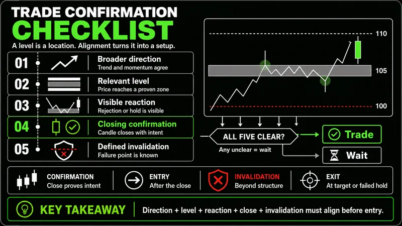 Support and resistance entry checklist covering direction, reaction, confirmation, and invalidation