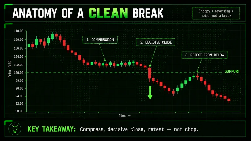 Candlestick chart labeling a clean support breakout: compression, decisive close below support, then retest from below