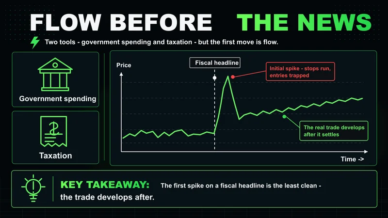 Neon chart showing a fiscal headline spike that traps entries before the real trade develops