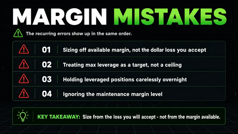 Neon checklist of common margin mistakes, led by sizing off available margin
