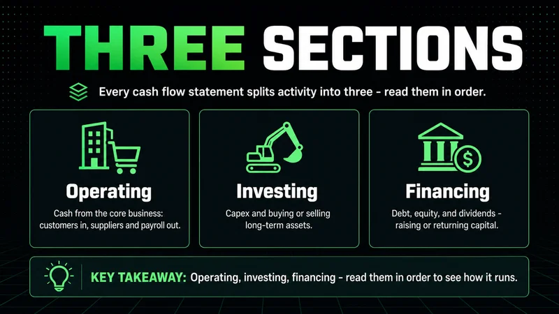Neon cards on the three cash flow sections: operating, investing and financing