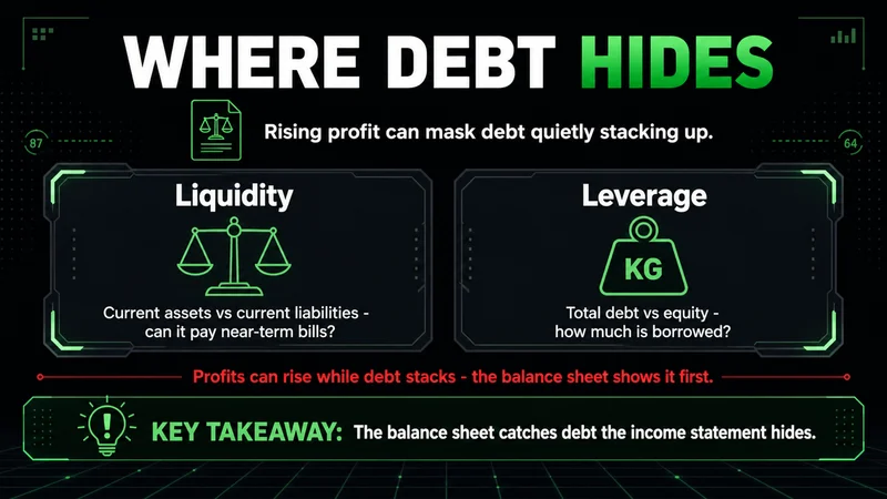 Neon panels on reading the balance sheet for liquidity and leverage where debt hides