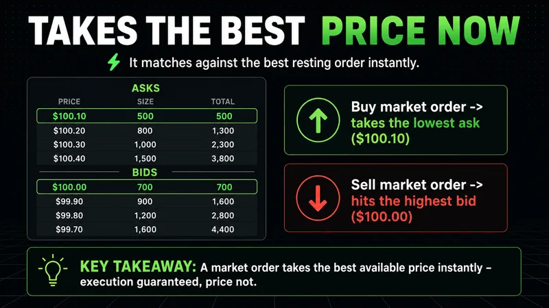 Neon order book showing a market order taking the best ask or hitting the best bid instantly