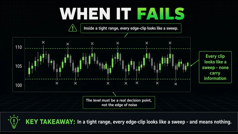 Neon chart showing how a tight range makes every edge-clip look like a false sweep