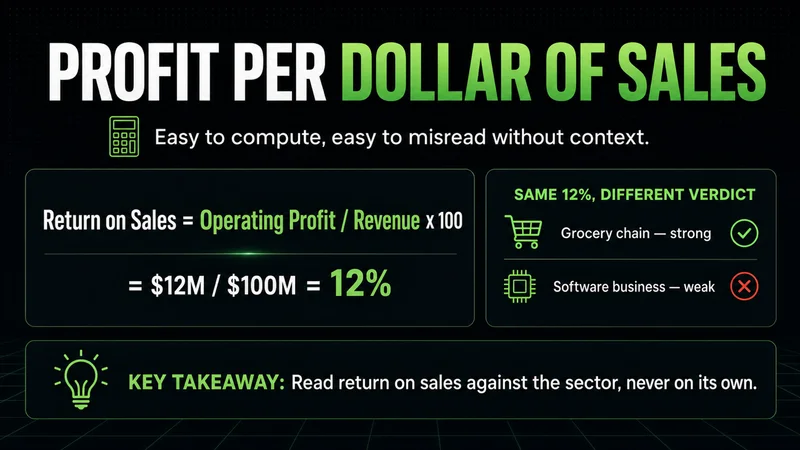 Neon return on sales formula worked to 12% with a sector comparison showing the same figure read differently
