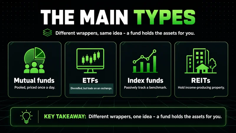 Neon cards showing indirect investment types: mutual funds, ETFs, index funds and REITs