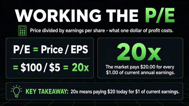 Neon price-to-earnings worked example dividing $100 price by $5 EPS for a 20x multiple