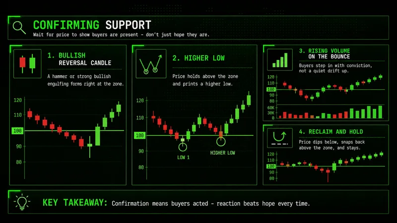 Four-panel guide to confirming support: bullish reversal candle, higher low, rising volume on the bounce, reclaim and hold