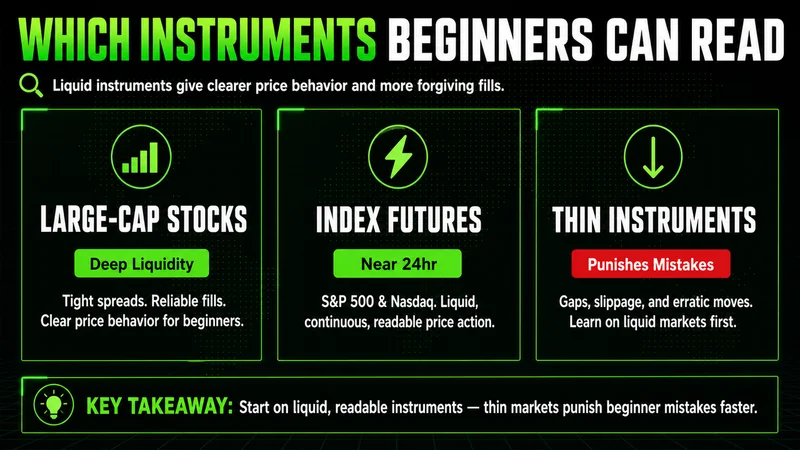 "Which instruments beginners can read" chart: large-cap stocks and index futures liquid, thin ones risky.