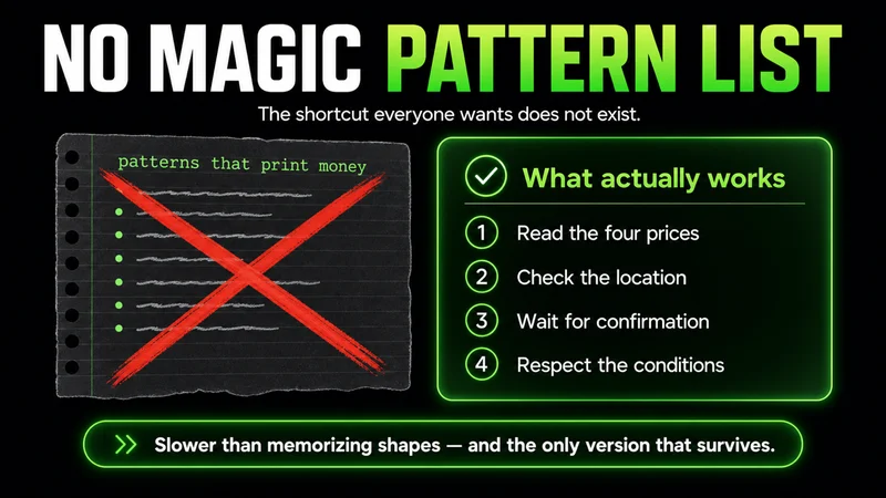 Graphic titled "No Magic Pattern List" crossing out a "patterns that print money" note beside what actually works: read the four prices, check the location, wait for confirmation, and respect the conditions — slower but the only version that survives.