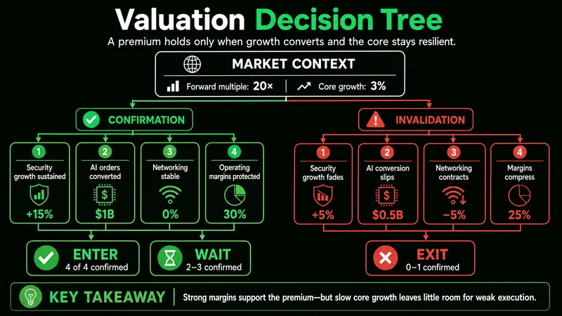 Cisco valuation decision tree connecting AI orders, security growth, networking stability, and margins