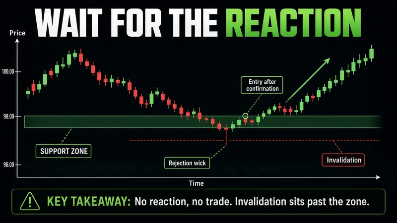 Annotated candlestick chart showing price rejecting a support zone, an entry after confirmation, and a defined invalidation level below the zone