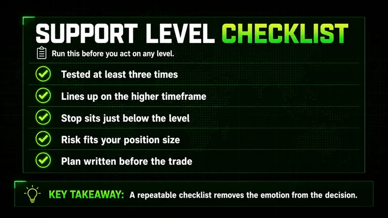 Support level checklist: tested three times, higher-timeframe match, stop below level, sized risk, written plan