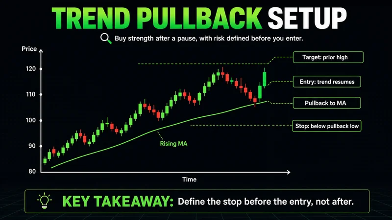Annotated candlestick chart teaching a trend pullback setup, with the entry on a pullback to a rising moving average, a stop below the pullback low, and a target at the prior high