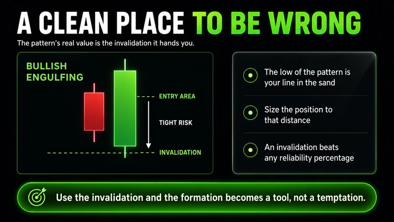 Chart titled "A Clean Place to Be Wrong" showing a bullish engulfing pair with an invalidation line just below the pattern's low and a tight-risk arrow; the low is your line in the sand, size to that distance, and an invalidation beats any reliability percentage.