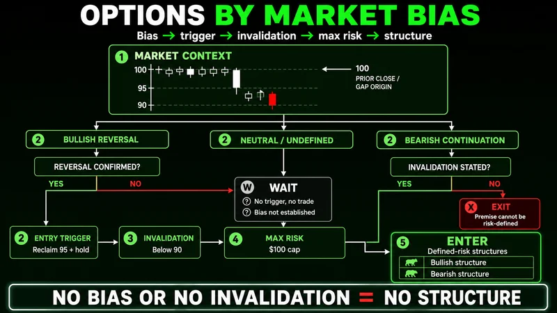 Decision tree matching bullish, bearish, and sideways market bias to options structures