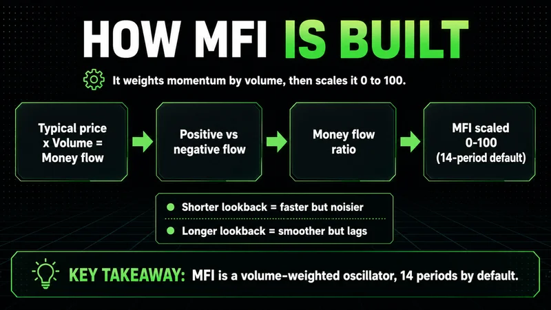 Neon build flow of the Money Flow Index from typical price and volume to a 0-100 oscillator
